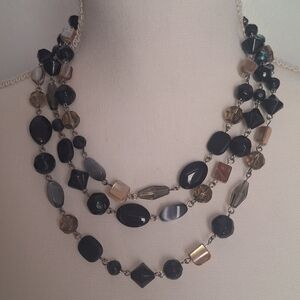 Glass Abalone & Acrylic 3-Strand Statement Necklace Black Silver Gray AB Shell
